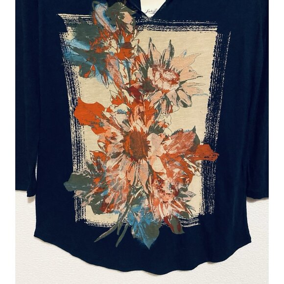 Lucky Brand Top Womens Medium Navy Blue Floral Graphic Tee Lightweight Boho - Picture 3 of 8